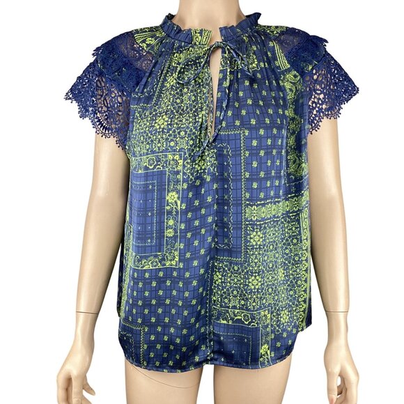 Current Air Anthropologie Top Size XS XSmall Bandana Print Blue Green Lace Sleev - Picture 2 of 10